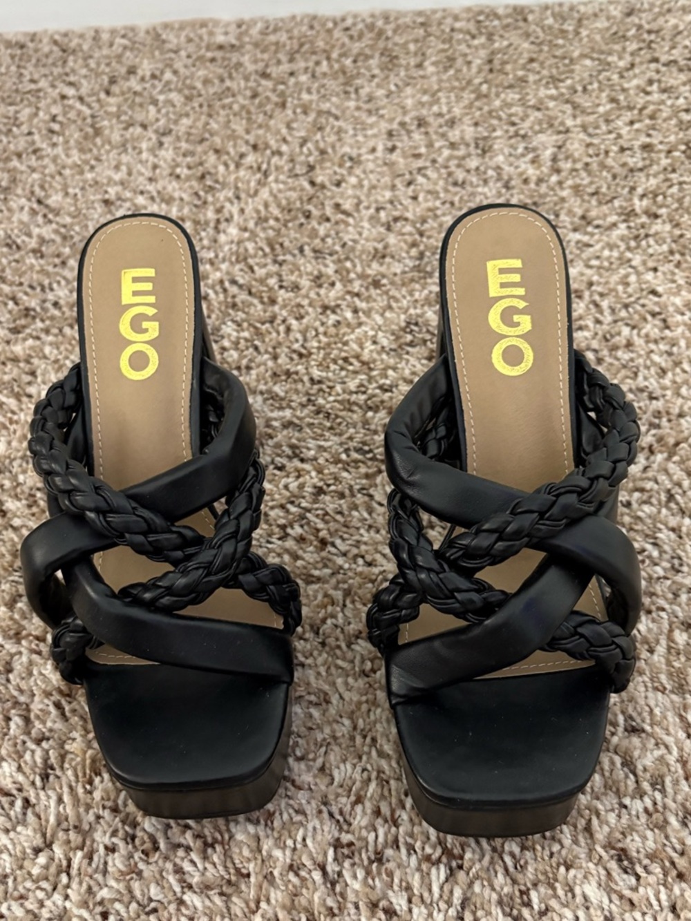 EGO Black Braided Strap Platform Mules